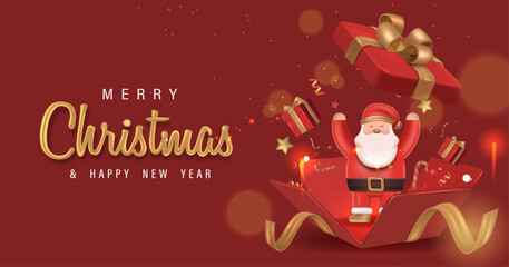3D Character Santa Claus in Big Red Opened Gift Box with Confetti in Red Background. Merry Christmas Poster Design with Festive Ornament of Christmas. Vector Illustration