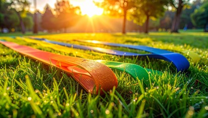 Vibrant resistance bands stretched across a grassy park at sunrise, dew on blades, symbolizing outdoor fitness and flexibility