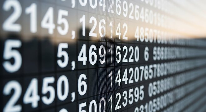 Digital Display of Financial Numbers and Data Close Up.