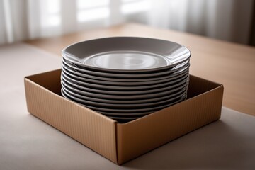 Stack of white ceramic plates neatly arranged in a cardboard box on a wooden table, showcasing modern dining ware with natural light illuminating the scene