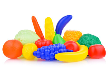 A set of cute toy fruits and vegetables made of plastic on a white background.