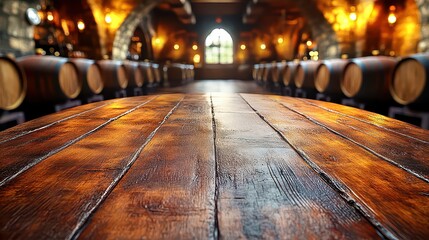A table with free space for a bottle of wine or food and a retro interior of a cellar with barrels.