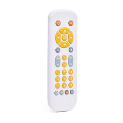 White remote control with yellow and gray buttons
