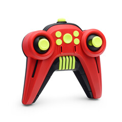A red remote control for a toy vehicle or quadcopter on a white background. A joystick from a radio-controlled vehicle.