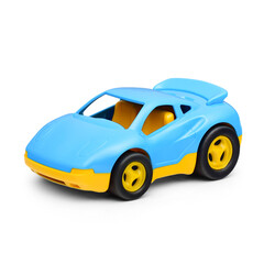 A blue plastic toy car isolated on a white background.