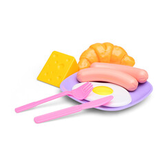 Toy breakfast dishes on a white background. Children's playware.