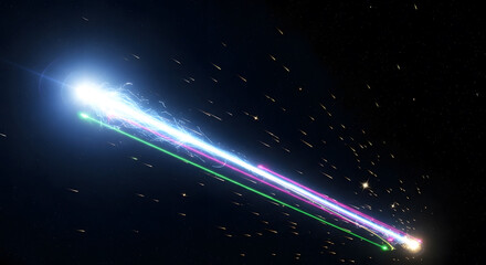 A futuristic concept of high-speed data transmission, showing glowing light streams and particles moving through the vast darkness of digital cyberspace