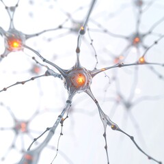 3D render of interconnected neuron cells, glowing central nodes, translucent forms, white background