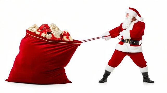 Santa claus pulling a large sack of gifts isolated on white background