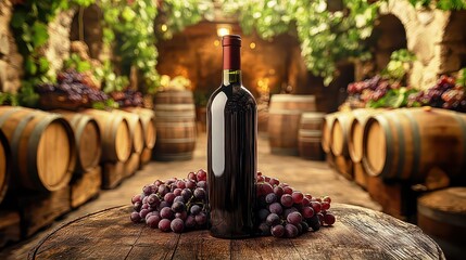 Bottle of wine on a wooden table on the background of barrels