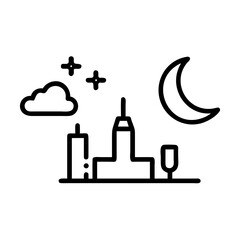 City skyline at night illustration showing buildings, moon, stars, and cloud