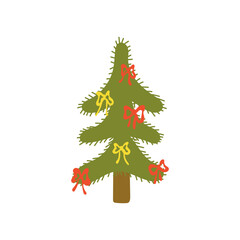 Vector illustration of a Sustainable Christmas tree with festive bows, wrapping, and organic presents.