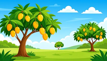 A sunny cartoon landscape with fruit-laden mango trees on a vibrant green field, under a blue sky