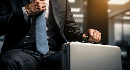 Man in dark suit adjusting blue tie holding silver briefcase image
