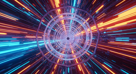 Abstract tunnel of light and data, vibrant blue and orange streaks, futuristic digital art, dynamic motion and speed, technology and cyberspace