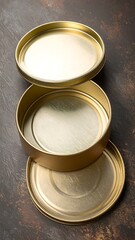Gold tin can, open and nested