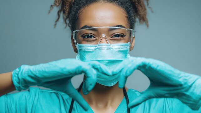 female african professional medic nurse wear face mask gloves blue green uniform showing heart hands shape medical love care and safety symbol corona virus health protection sign concept closeup no l