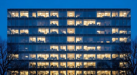 Illuminated Office Building at Dusk - A Glimpse into Corporate Life and Urban Architecture.