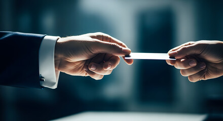 Two hands exchanging a blank white card in a close-up shot exchange business