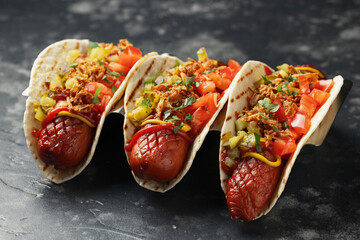 Taco Hot Dog with sausage, pickles, tomatoes and crispy fried onions