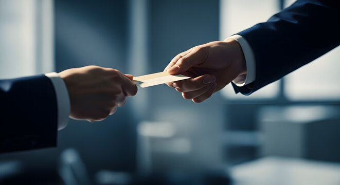 Two hands exchanging a blank business card in a modern office setting exchange giving