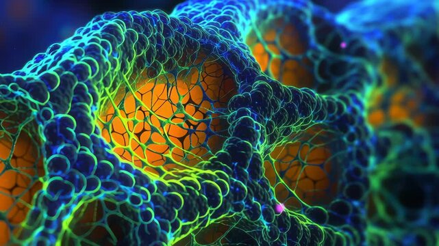 High-definition microscopic close-up of glowing stem cells, intricate cellular formations, ultra-realistic clarity, blurred background, shallow depth, vibrant hues.