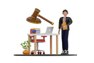 Business Lawyer In A Black Suit With Red Tie And White Shirt Holding A Folder Stands Next To A Desk With A Laptop Books And A Gavel Above On A Transparent Background