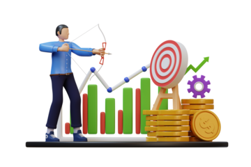 Business Man Aiming Archery Bow At Target With Stock Market Growth Chart And Coins In Foreground On Black Background