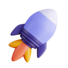 A 3D Rendered Blue Rocket With Purple Accents and Orange Flames Ascending Against a Black Background Representing Startup Growth and Innovation