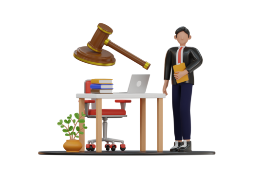 Business Lawyer In A Black Suit With Red Tie And White Shirt Holding A Folder Stands Next To A Desk With A Laptop Books And A Gavel Above On A Transparent Background - Powered by Adobe