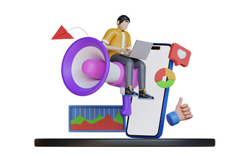 Digital Marketing Strategy Business Management 3d Character Sitting on Megaphone Using Laptop With Mobile Phone Analytics Graph Icons On Transparent Background