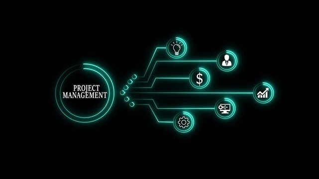 Futuristic project management concept with glowing neon icons representing different aspects of project planning, execution, and monitoring against a dark background, ideal for presentations