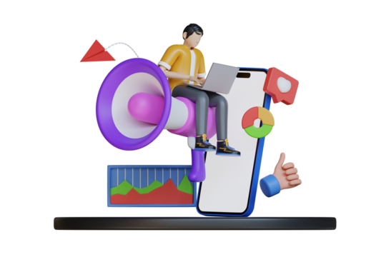 Digital Marketing Strategy Business Management 3d Character Sitting on Megaphone Using Laptop With Mobile Phone Analytics Graph Icons On Transparent Background