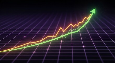 Glowing Green and Orange Upward Trend Lines on a Grid Background.