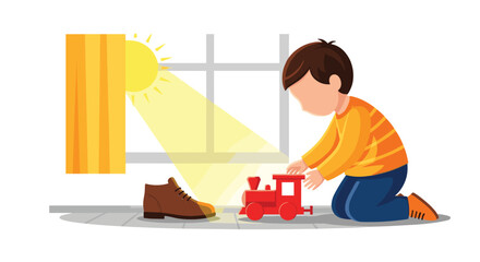 A young boy plays with a toy train near a window on a sunny day