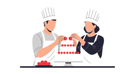 Two Chefs Decorating a Delicious Two Tiered Cake with Cherries