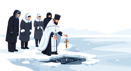 Orthodox Priest Blesses Icy Water During Winter Baptism Ceremony
