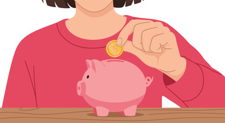 A person is putting a coin into a pink piggy bank for saving money