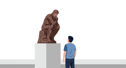 Man Contemplating Famous Sculpture in Art Gallery Exhibition