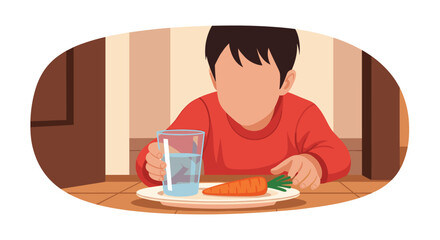 A Young Boy Enjoys a Healthy Snack of Fresh Carrot and Cool Water