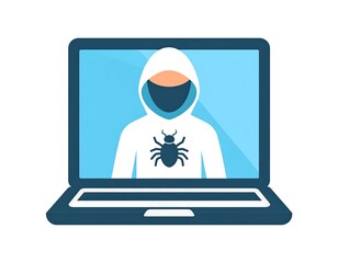 A laptop screen displays a hooded figure with a face mask. A digital bug illustration is on the hoodie's chest