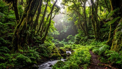 A lush, vibrant rainforest scene featuring a winding stream and dense vegetation. Light filters through the canopy, creating an ethereal atmosphere