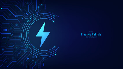 Electric vehicle charging on circuit board. EV charging and charging point design concept. Electric supply station. Electrical discharge effects. Vector illustration.
