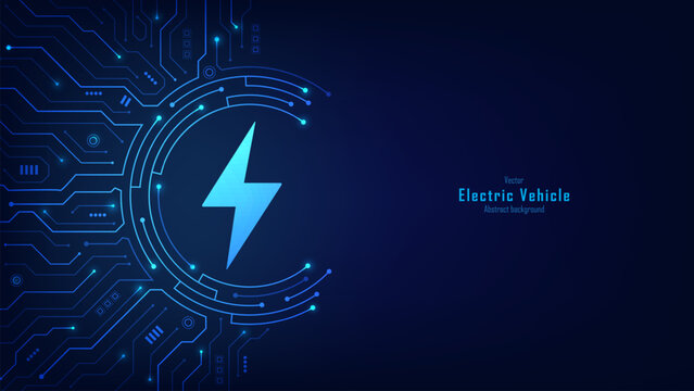 Electric vehicle charging on circuit board. EV charging and charging point design concept. Electric supply station. Electrical discharge effects. Vector illustration.