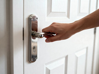 Naklejka premium hand opening glass door. Close-up of a hand holding a shiny metal door handle on a modern glass door. Business or office entrance concept with natural daylight reflection.