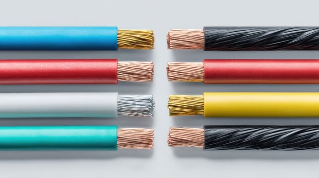 Close-up shot showcasing eight insulated electrical wires with cut ends. Various colors are displayed; blue, red, white, green, black, yellow