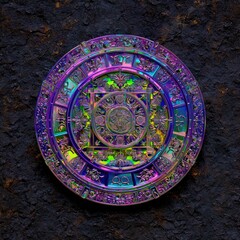 Fototapeta premium A vibrant surreal zodiac mirror in iridescent holographic violet and lime, AI-inspired glitch distortions, abstract boho mystical style, high aesthetic clarity