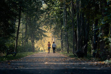 Two adult women walk along path in dark autumn park towards sunlit space