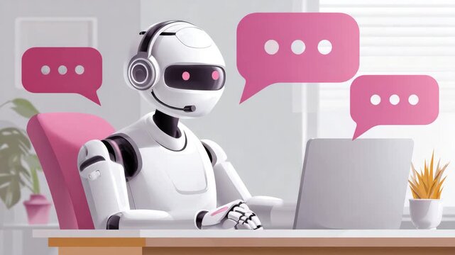 cute chat assistant robot works in office on computer animation