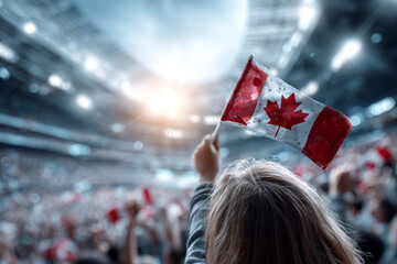 Canadian fan waves national flag in crowded stadium during sports event symbolizing unity celebration and national pride under bright lights